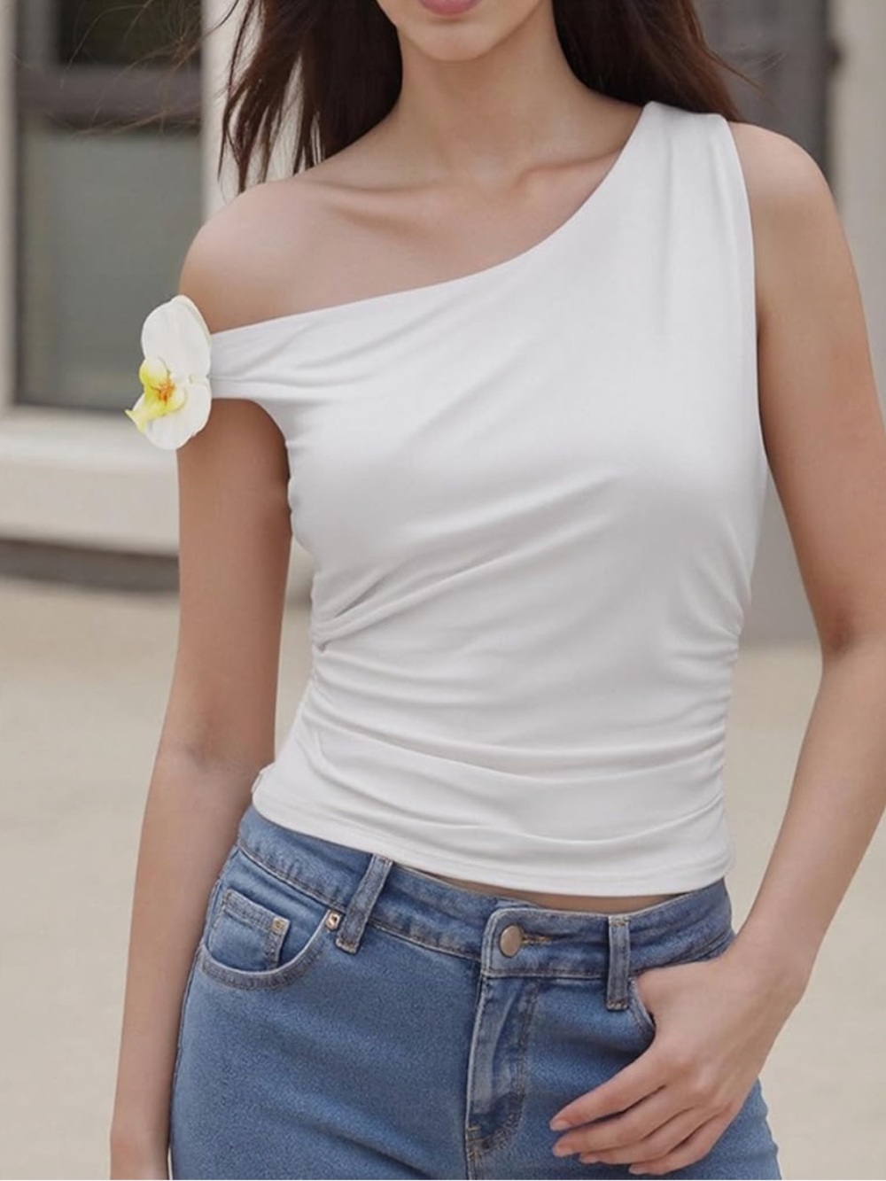 Chic Nation Off-Shoulder White Ruched 3d flowers Top